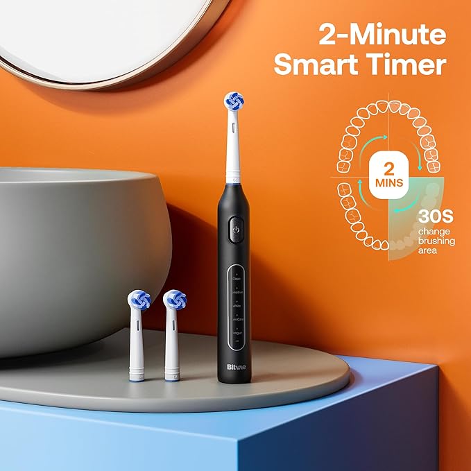 Bitvae R1 Rotating Electric Toothbrush with 8 Brush Heads for Adults and Kids, 60-Day Battery Life, 5 Modes Rechargeable Power Toothbrush with 2-Minute Smart Timer, Black
