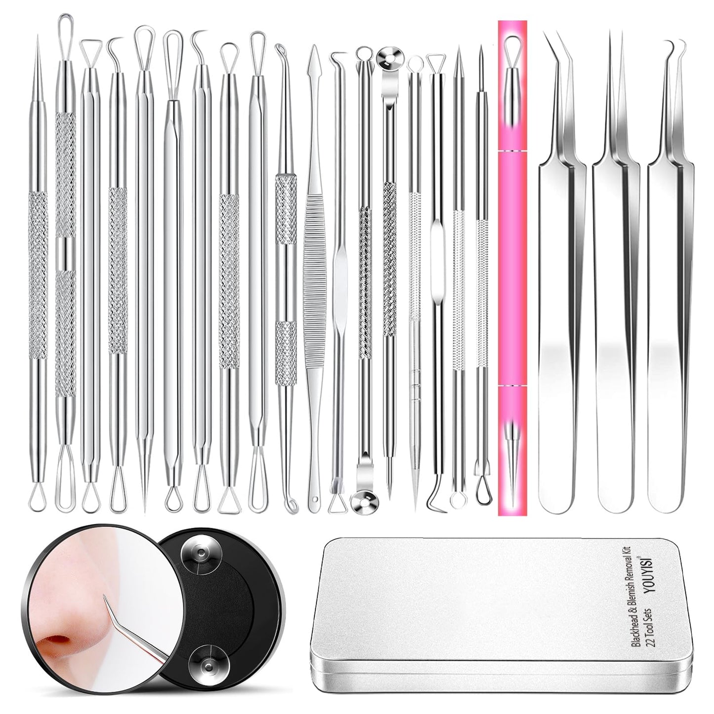 2025 Professional Pimple Popper Tool Kit - 22 PCS Blackhead Remover Tools for Acne and Zit Popping Comedone Extractor with Magnifying Glass