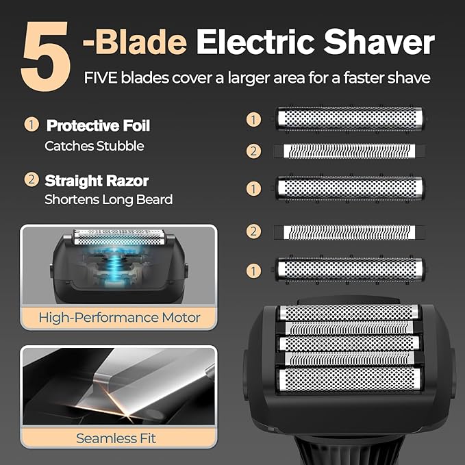 5-Blade Cordless Electric Razor for Men, 2-Speed Electric Shavers for Men Face, Close Shaving Men's Foil Shaver for Coarse Hair Wet/Dry USB-C Fast Charging &100 Min Runtime - Travel-Ready & Giftable