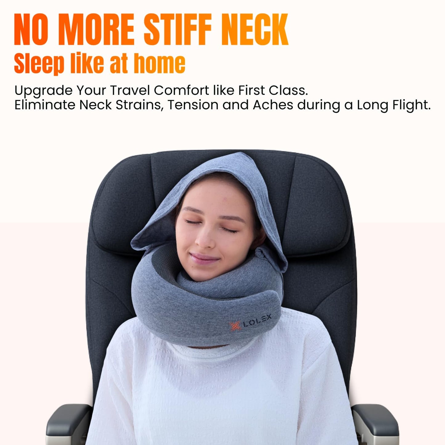 LOLEX™ Hooded Pro Travel Pillow - Memory Foam Neck Support Pillow for Airplane, Flight - Super-Soft Pure Cotton Fabric, Maximum Privacy & Light-Block Design, Lightweight Full Travel Kit - Dark Grey