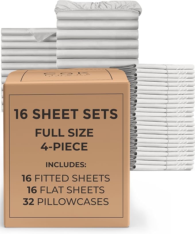 Bulk Case Pack of 16 Sheet Sets - (16) Complete Full Size Sheet Sets with Deep Pockets - Wholesale Bulk Bedding for Hotels, Spas & Airbnbs - Breathable, Cooling & Wrinkle Free - (Full, French Grey)
