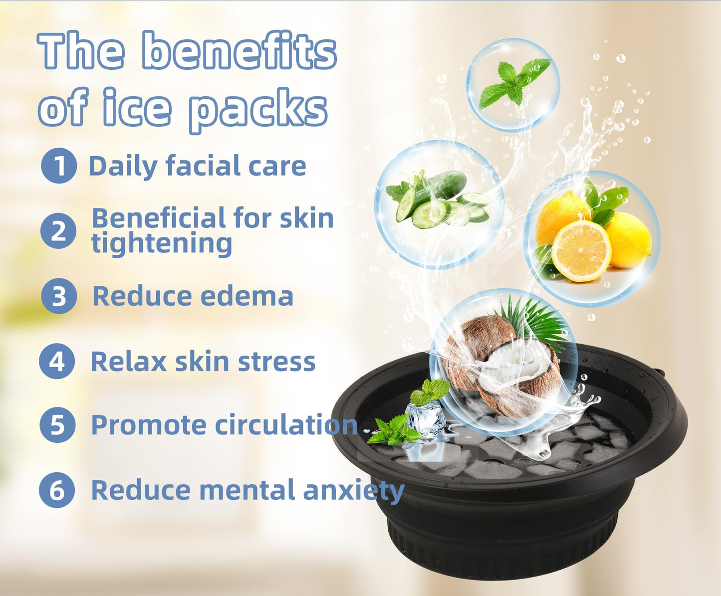 Face Ice Bath Bowl Silicone Face Ice Bath Ice Facial Folding Washbasin with Built-In Ice Tray and 3 foldable hair bands, Foldable & Portable Bowl for Home Ice Water Facials (Black)