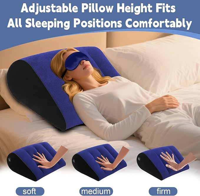 TheClover Inflatable Wedge Pillow for Sleeping - Leg Elevation, Use in Bed Back Support, Wedge Pillow for Sleep Apnea, Portable Travel Triangle Pillow, Camping, Fast Inflating Deflation (Blue)