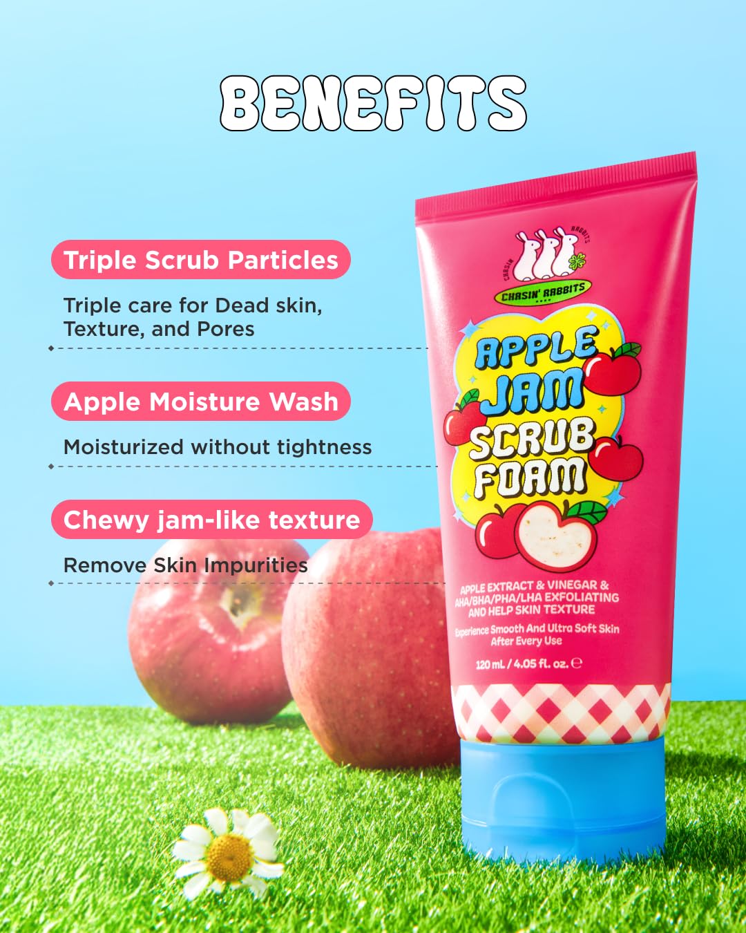 CHASIN' RABBITS Apple Jam Scrub Foam 4.05 Fl Oz, Exfoliating & Hydrating Cleanser with Triple Scrub Particles, pH-Balanced, Apple-Infused Face Wash for Smooth & Radiant Skin, Korean Skincare