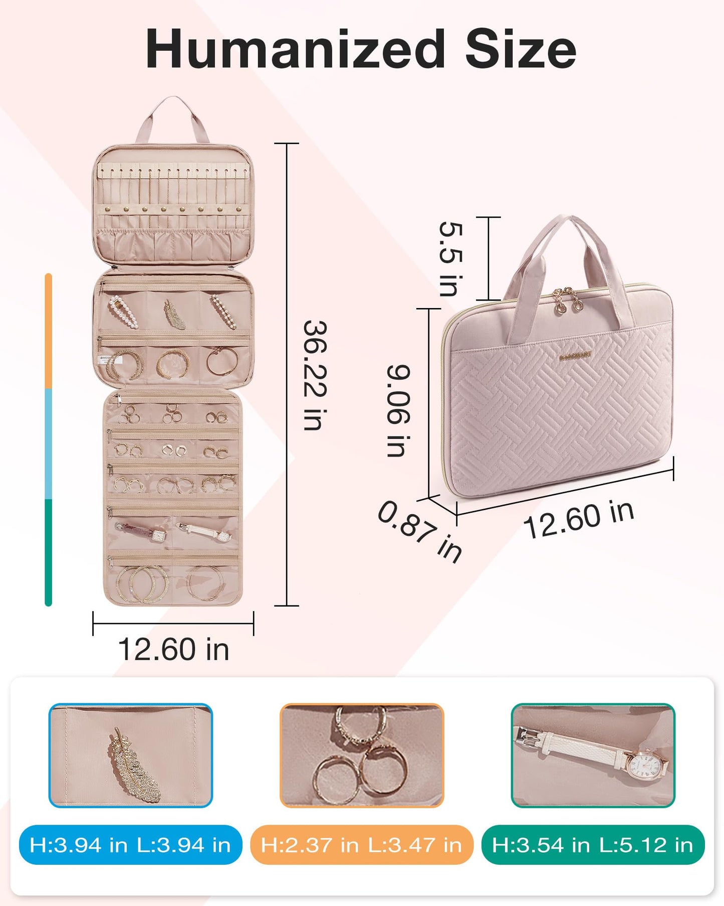 BAGSMART Travel Jewelry Case, Hanging Roll Jewelry Bag with Zipper Pockets Jewelry from Oxidation, Large Capacity for Earrings, Necklaces, Rings on Closet, Wall, Door, Portable Travel Essentials, Pink