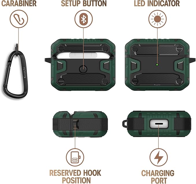 Koaichi Compatible with AirPods Pro(2nd Generation/1st Generation), Full-Body Rugged Hard Shell Protective Case Cover with Keychain Designed for AirPods Pro (2022/2019), Black/Green