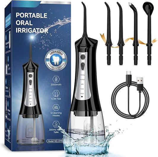 300mL Water Flosser Cordless - Rechargeable Travel Water Flossers for Teeth Cleaning with 5 Pressure Settings, 4 Tips, IPX7 Waterproof for Teeth Cleaning