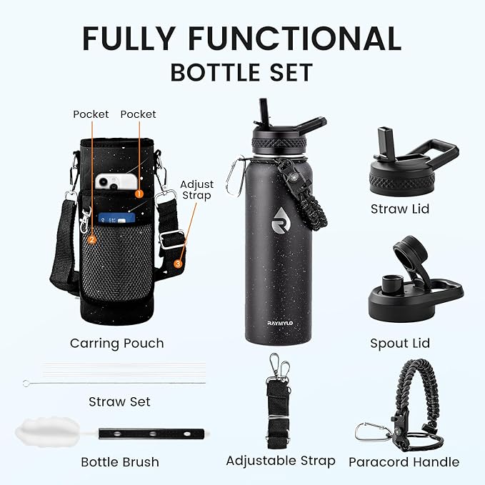 40oz Insulated Water Bottle, Triple Wall Vacuum Stainless Steel Water Bottles - Keeps Cold 48H, Reusable Metal water flask Jug for Gym, Sports, Camping, Hiking,Travel, Black Speckled