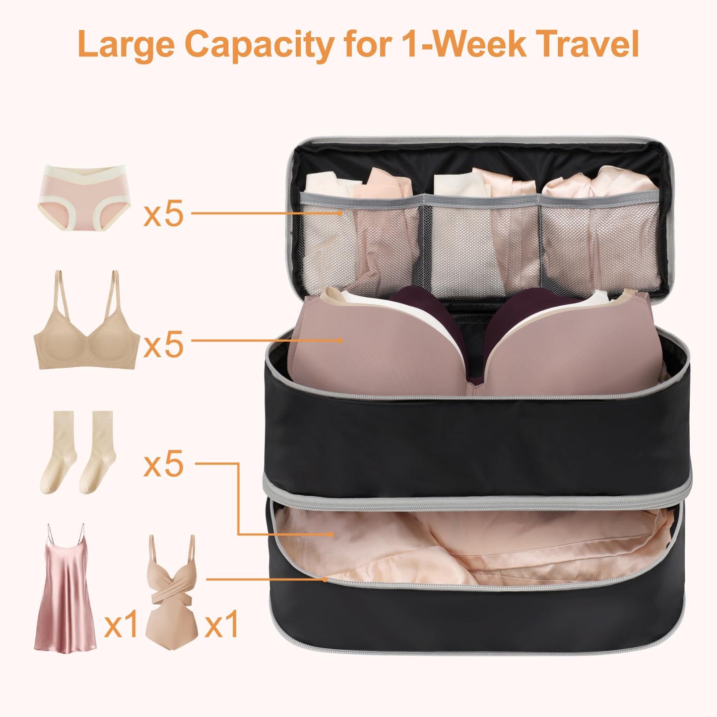 Cambond Travel Underwear Organizer Bag - 4-in-1 Lightweight Double Layer Bra Travel Bag, Portable Expandable Compression Packing Organizers, Underwear Storage Bag Packing Cubes