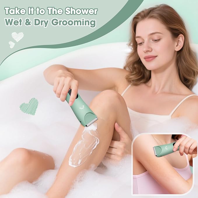 Bikini Trimmer for Women, Painless Pubic Hair Trimmer for Armpit Leg Arm Body Private Area,Rechargeable Womens Electric Razors Shaver LED Light Ceramic Blade IPX7 Waterproof Wet/Dry LCD Display,Green