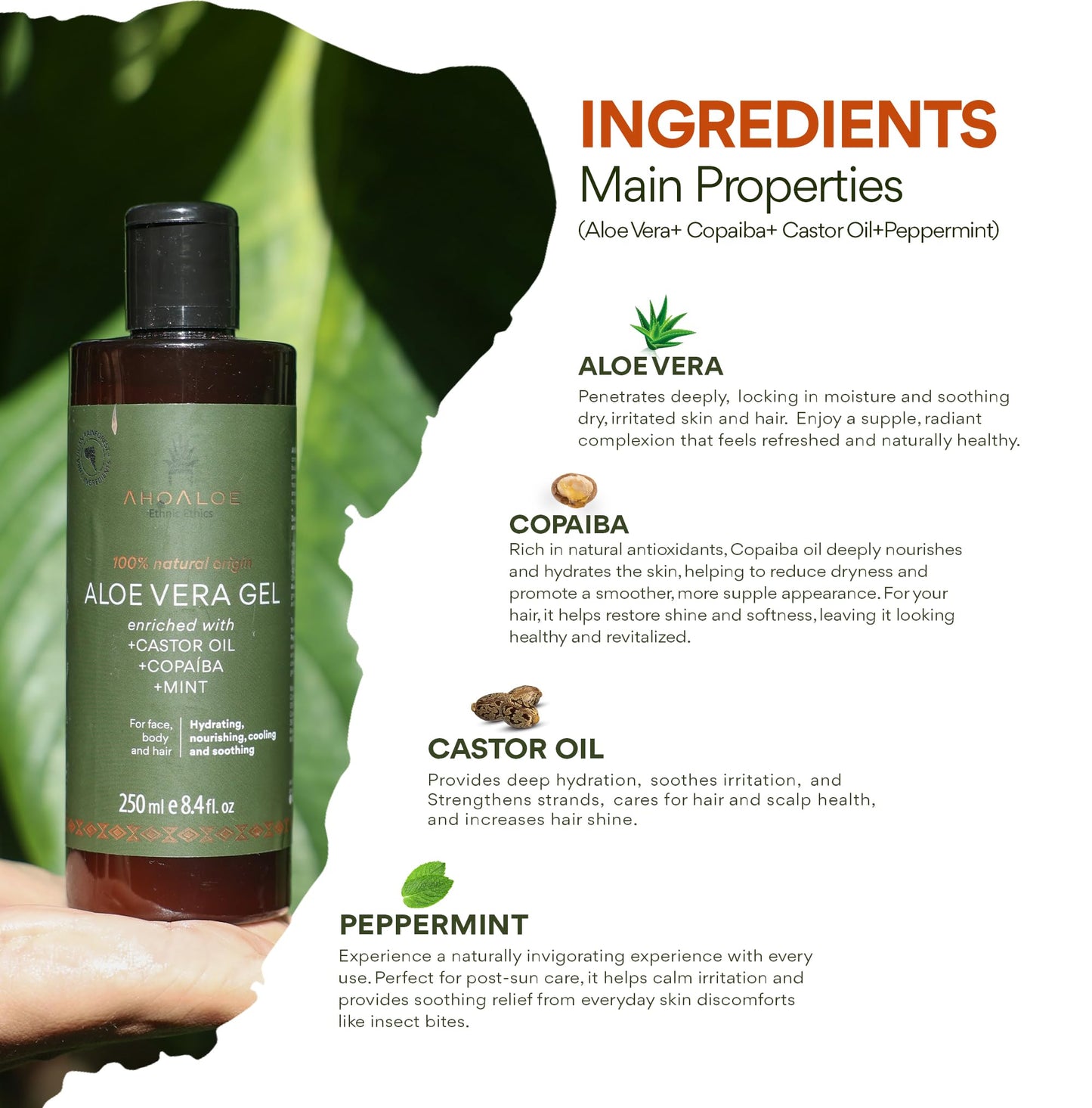 AHOALOE Brazilian Aloe Vera Gel - Multipurpose Moisturizing Natural Gel with Copaiba, Castor Oil and Fresh Mint and Natural for Face, Skin and Hair - After Sun Care, Sunburn Relief 8.4oz