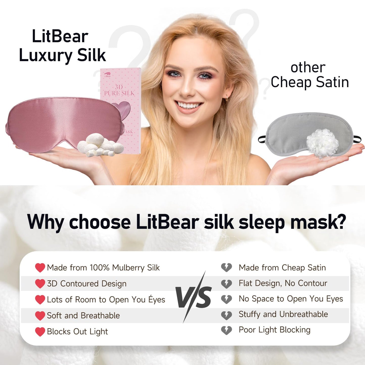 LitBear 100% 22 Momme Mulberry Silk Sleep Mask - 3D Contoured Eye Mask for Men Women, Soft Breathable Sleeping Mask with Adjustable Strap, Perfect Blocks Light for Sleeping (Bean Pink)