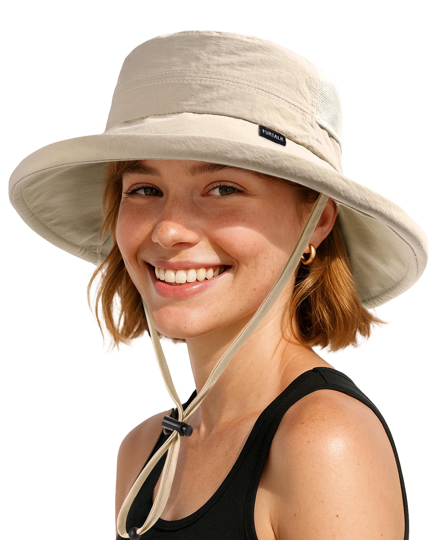 FURTALK Wide Brim Sun Hat with Ponytail Hole for Women UPF 80+ UV Protection Packable Bucket Hiking Travel Outdoor Hat Khaki