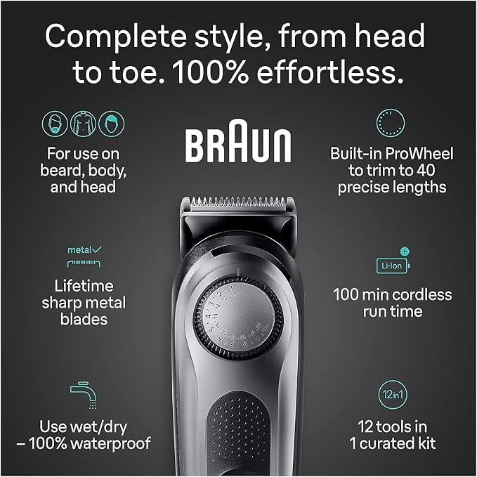 Braun All-in-One Men's Shaving Kit Series 7 7440, 12-in-1 Beard, Face, Nose, Ear Trimmer, Hair Clippers, Body Groomer and Manscaping