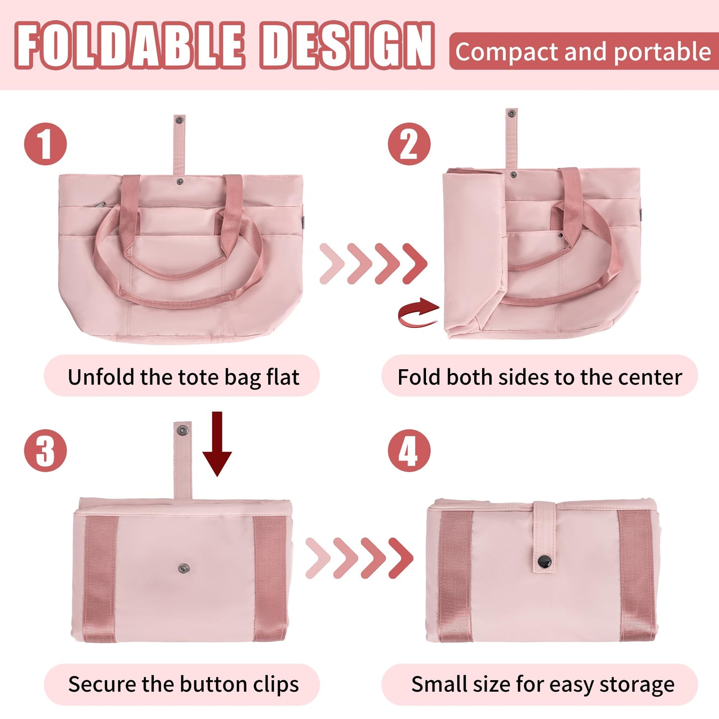 Large Tote Bag for Women with Multiple Pockets, Water Resistant Foldable Tote Bag Utility Tote, Lightweight Shoulder Bag Handbag for Travel, Work, Pink