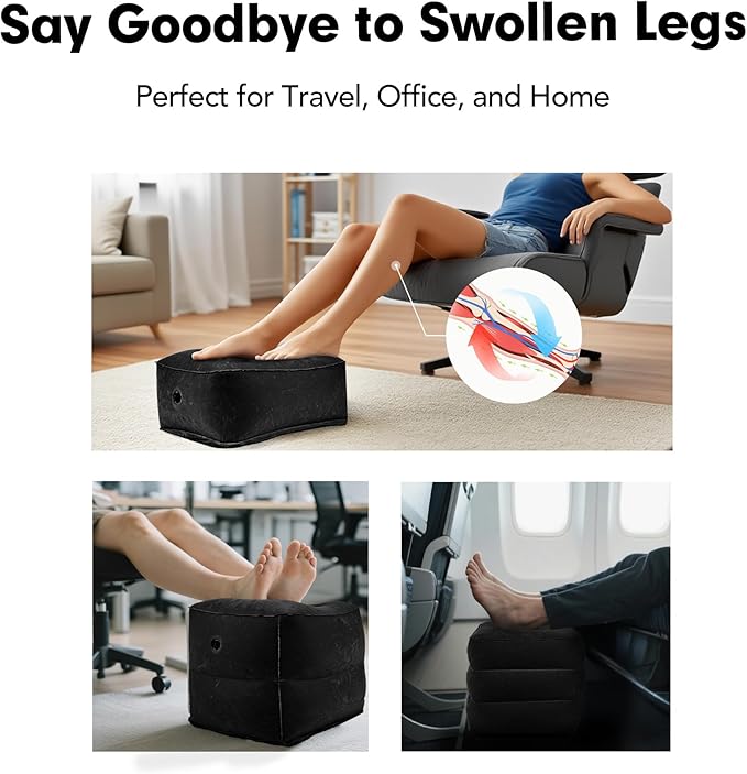 Inflatable Foot Rest Pillow for Travel, Adjustable Height Cushion Kids/Adults Airplane Travel Pillow, Suitable for Trains, Cars, Office, Home Comfort - Black