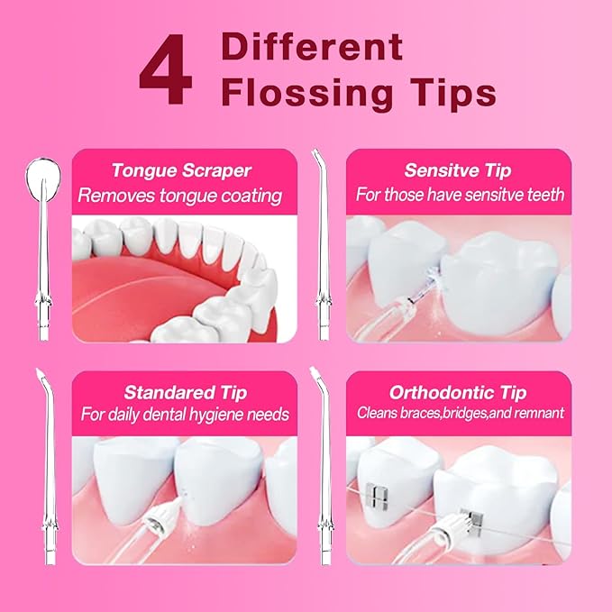 KIWIBIRD Water Dental Flosser with UV-C Sanitization, Cordless Oral Irrigator, 3 Modes & 4 Tips, 300ML BPA-Free Tank, 40-120PSI Portable Teeth Cleaner for Plaque, Home & Travel Use (Pink Ombre)