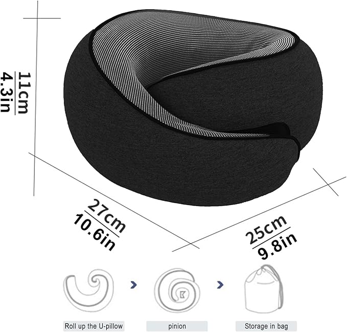 Cloud Sleep Travel Pillow｜360° Adjustable Neck Pillow for Airplane & Office｜NASA Memory Foam｜Free Eye Mask & Earplugs (Black)