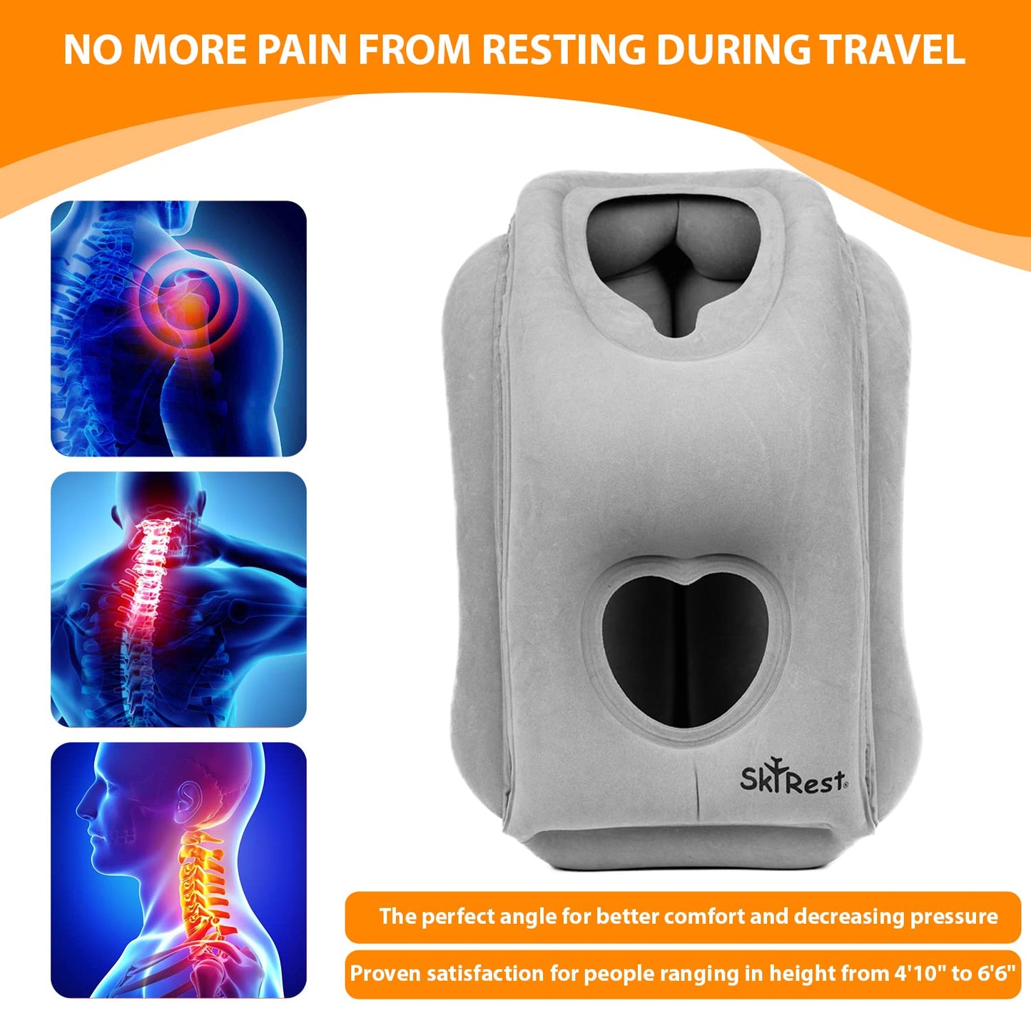 Skyrest Inflatable Travel Pillow - Airplane Pillow for Neck Support on Long Flights, Buses, Cars, Office & Trains - Comes with Eye Mask, Earplugs & Portable Drawstring Bag - Grey