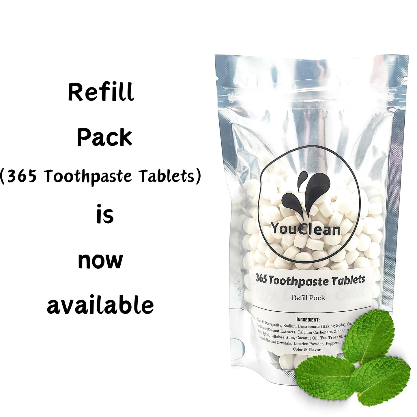 YouClean 90 toothpaste tablets in Refill/Recycle Glass Tube - For Travel and Daily Home Office Use - Nano Hydroxyapatite, Fluoride-Free, Vegan (Mint)