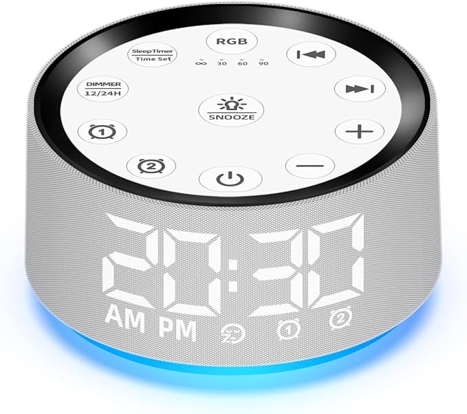 Brown Noise Machine Bedroom Alarm Clock Sound White Noise Machine Night Light with 30 Sleeping Sounds for Baby Kids Adults 2 Alarms Backup Battery 32-Level Vol 15 Wake up Sounds for Mild Heavy Sleeper