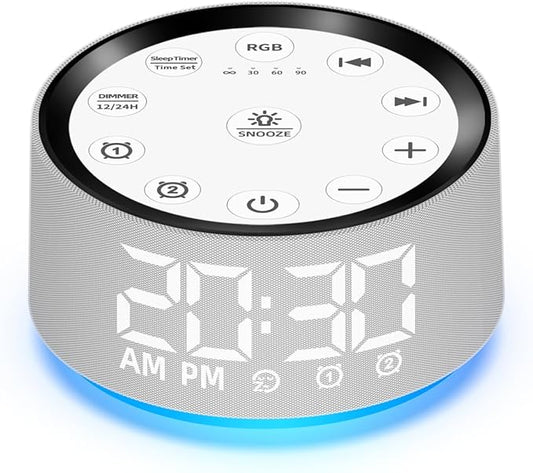 Brown Noise Machine Bedroom Alarm Clock Sound White Noise Machine Night Light with 30 Sleeping Sounds for Baby Kids Adults 2 Alarms Backup Battery 32-Level Vol 15 Wake up Sounds for Mild Heavy Sleeper