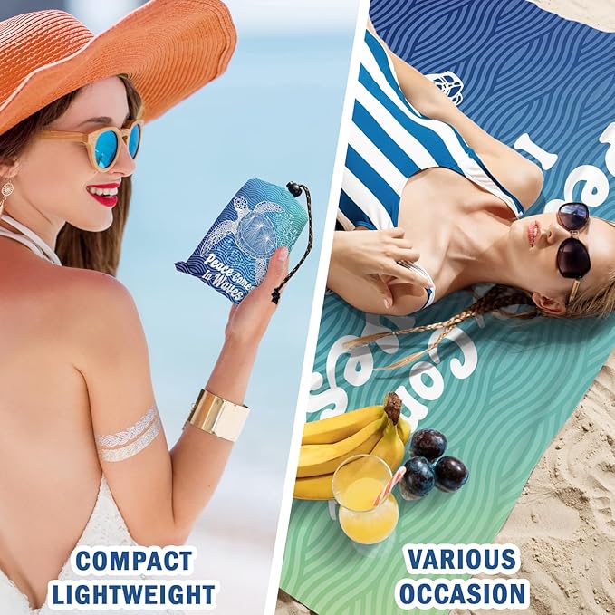 Beach Turtle Pocket Picnic Blankets, Blue Ocean Coastal Mini Beach Camping Blanket Waterproof Sandproof, Rustic Sea RV Outdoor Picnic Blanket Mat Gifts for Camper Campsite Travel 55x60in