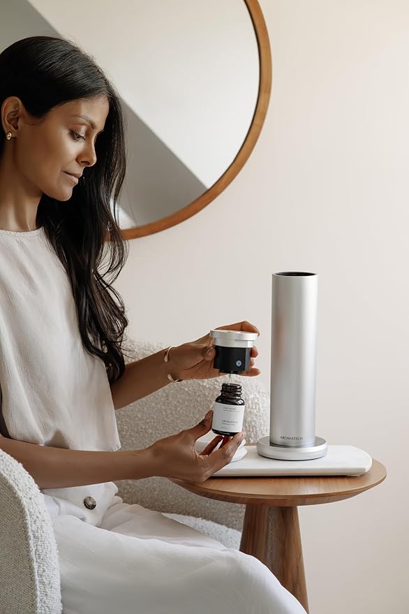 AromaTech New AroMini BT Plus Scent Diffuser w/Bluetooth – Cold-Air Diffusion Scent Machine for Home, Office, Hotel, Spa – Nebulizing Diffusion System for Essential Oil Blends (Silver)