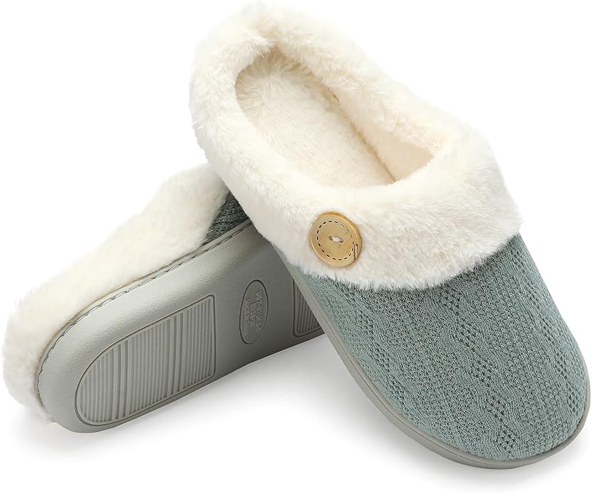 Chantomoo Womens Slipper Warm Comfy Memory Foam House Slippers Knitted Shoes Faux Fur Lined Anti-Skid Rubber Sole Bedroom Cozy Indoor Outdoor Slippers