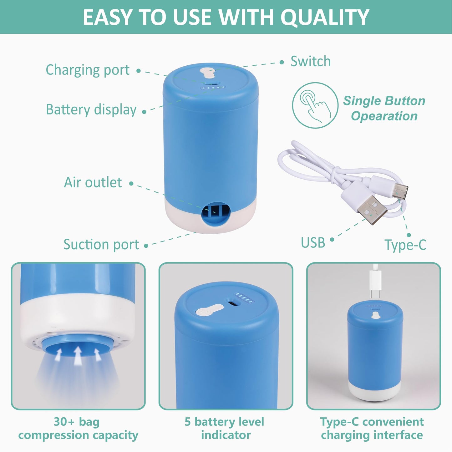 Cozy Essential Travel Vacuum Clothes Bags with Portable Electric Pump for Luggage, Suitcase, Vacuum Seal Compression Space Saver Bags for Clothing, 8 Pack