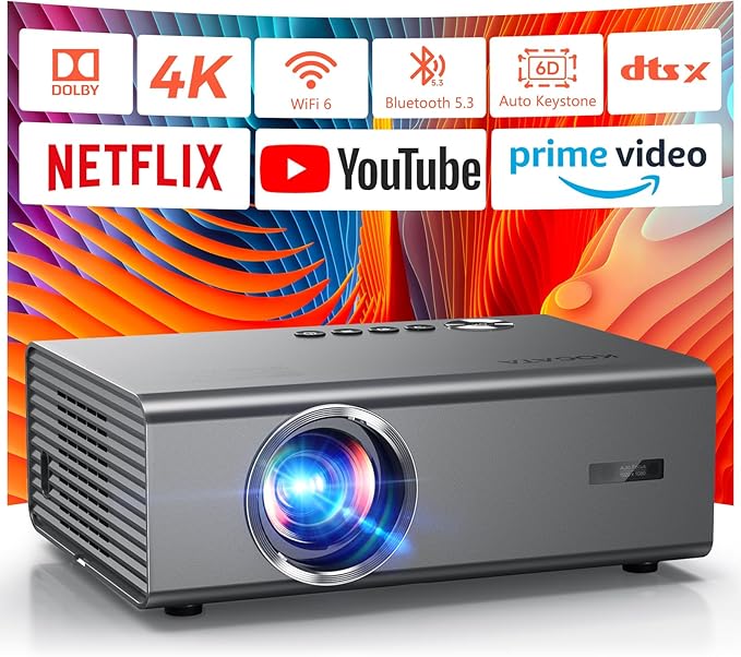 4K Projector with Netflix& Dolby Audio, 1200ANSI Auto Focus&6D Keystone Kogata Smart Projector with Built in Apps Outdoor Movie Proyector with WiFi 6 Bluetooth for Home Theater UPGRADE