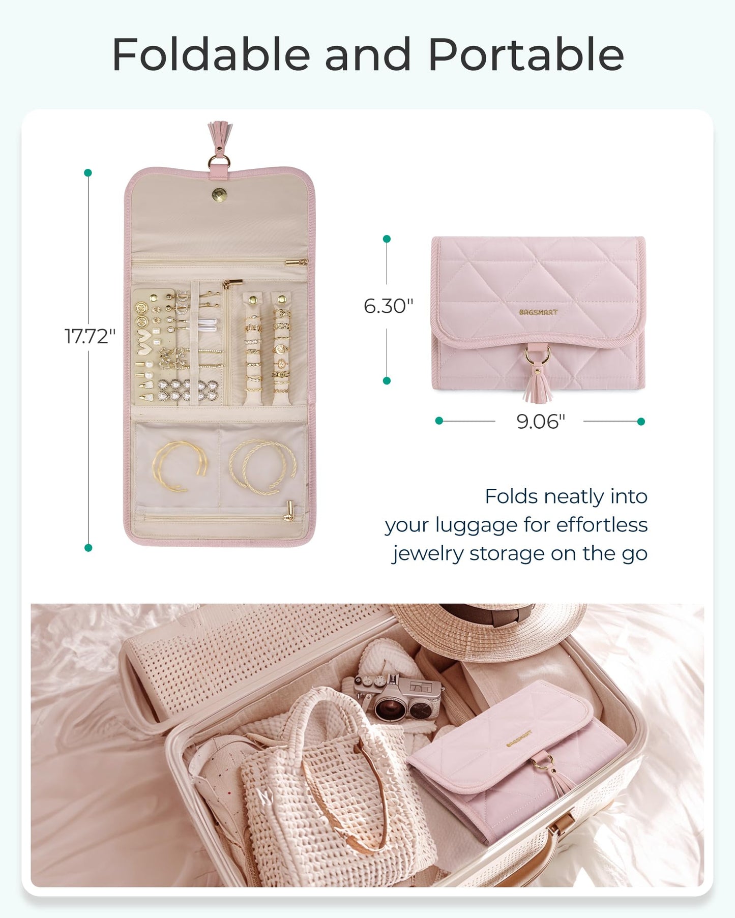 BAGSMART Travel Jewelry Case Organizer, Roll Foldable Jewelry Case for Journey-Rings, Necklaces, Earrings, Bracelets, Brooches, Portable Travel Essentials, Purple