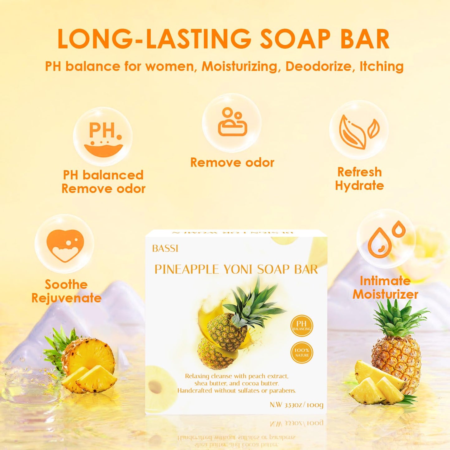 2 PCS Yoni Soap Bars Feminine Wash, 100% Natural Organic Yoni Bar Soap for Women Ph Balance Yoni Wash Eliminates Odor Moisturizing Yoni Care Soap with Foaming Net, Pineapple Handmade Soap 3.53 OZ
