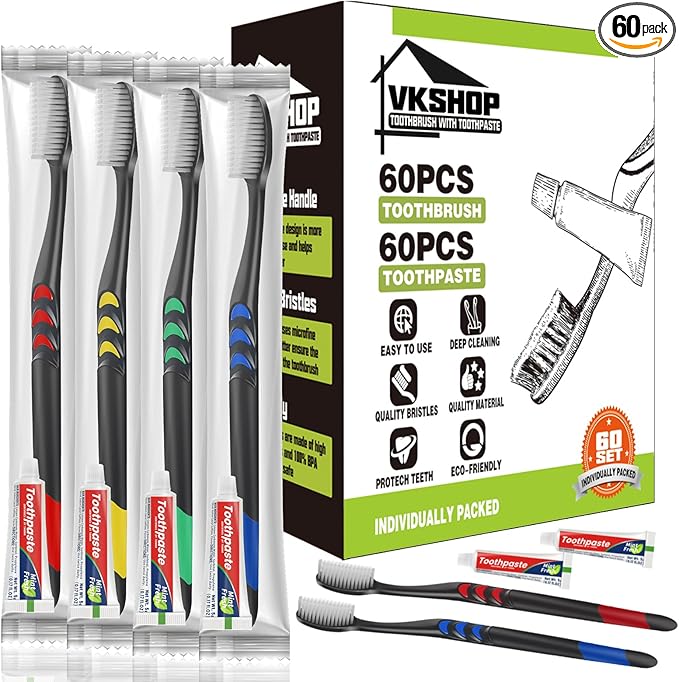 60 Pack Disposable Toothbrush with Toothpaste, Individually Wrapped Travel Toothbrush Sets, Soft Bristles for Travel, Hotels, Camping, Emergency Kits, Dental Offices (Black, Toothpaste 5g)