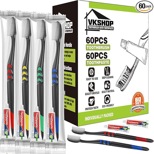 60 Pack Disposable Toothbrush with Toothpaste, Individually Wrapped Travel Toothbrush Sets, Soft Bristles for Travel, Hotels, Camping, Emergency Kits, Dental Offices (Black, Toothpaste 5g)