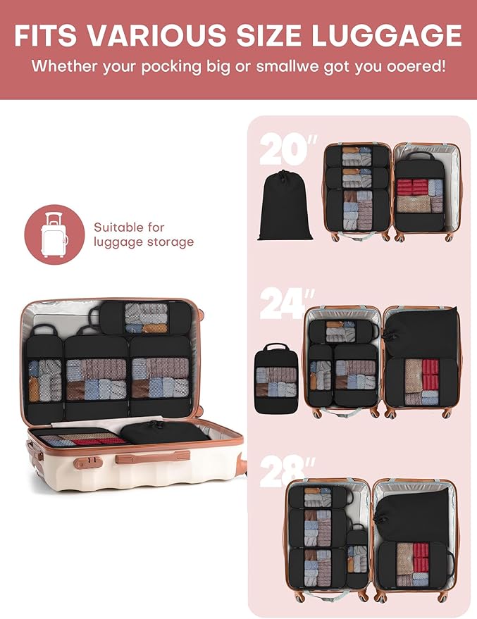 6 PCS Set Compression Packing Cubes for Travel, Lightweight Packing Organizer Bags Travel Essentials for Carry On, Suitcase, Home Closet - Black