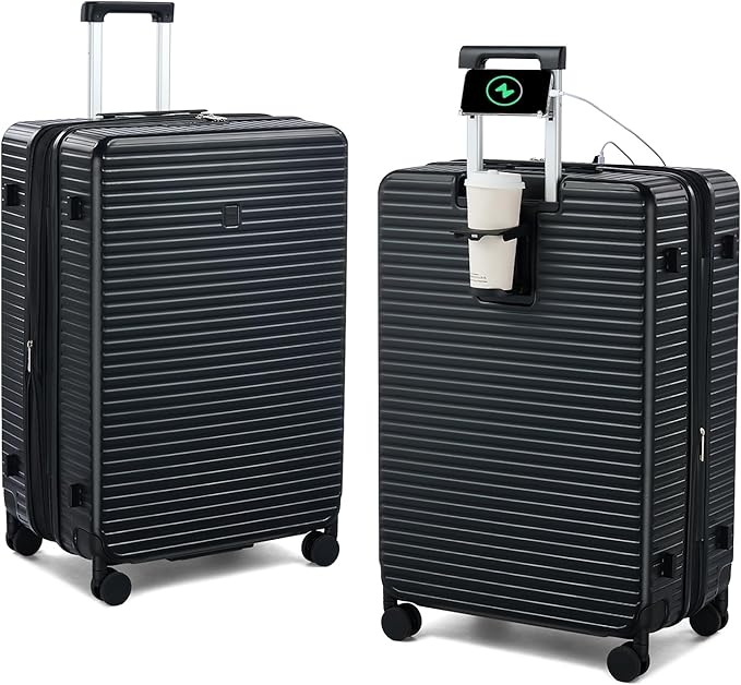 28 Inch Luggage Hard Shell Suitcases, Expandable Travel Checked Luggage 28 Inch, Large Check In Luggage with Spinner Wheels Cup Holder Charger Built in Lightweight Suitcase, Black
