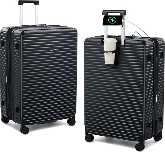 28 Inch Luggage Hard Shell Suitcases, Expandable Travel Checked Luggage 28 Inch, Large Check In Luggage with Spinner Wheels Cup Holder Charger Built in Lightweight Suitcase, Black