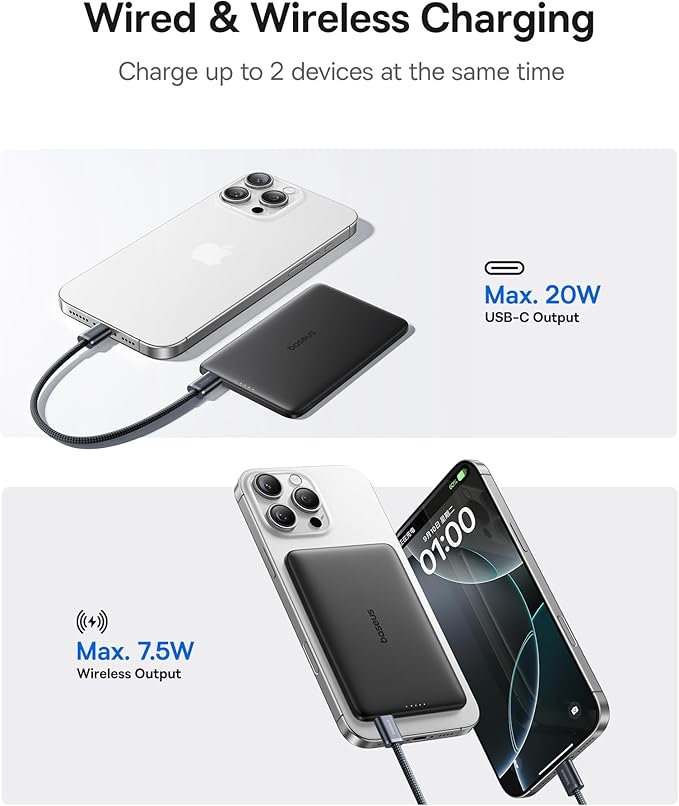 Baseus Picogo Power Bank, 0.3" Ultra Slim 5000mAh MagSafe Portable Charger, Card-Size Magnetic Battery Pack with USB-C Braided Cable, Alloy Wireless Charger for iPhone 17 Pro Max/17 Air/16/15/14/13/12