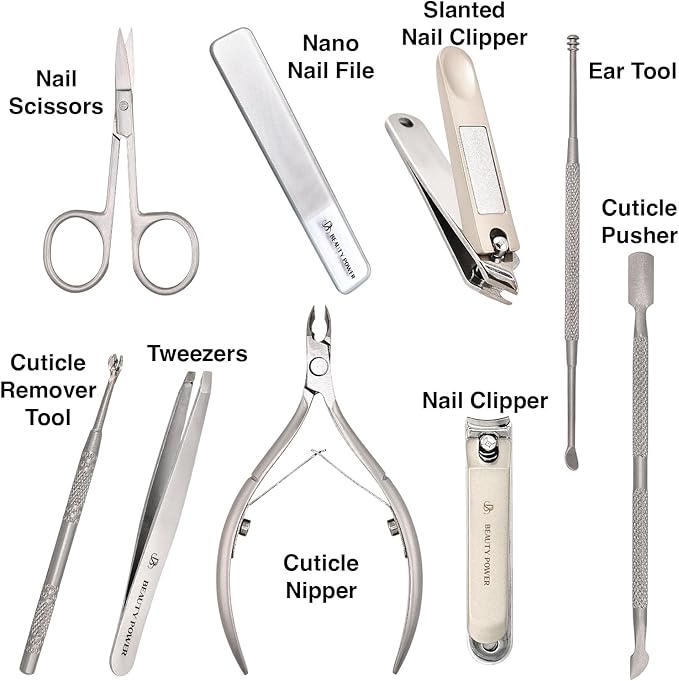 9 in 1 Professional Manicure Pedicure Set - Stainless Steel Nail Clippers, Nano File, Cuticle Nipper, Scissors, Tweezers, Travel PU Leather Case for Men & Women - Gift Ready (Brown)