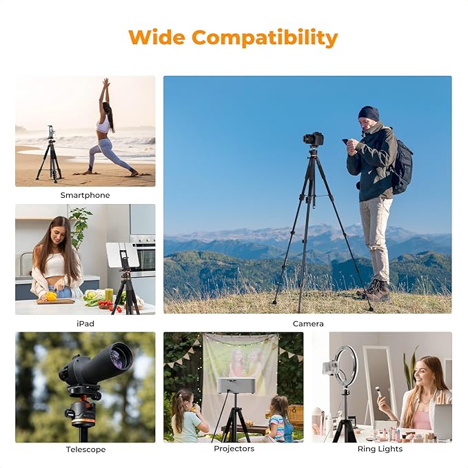 K&F CONCEPT 75 inch/190cm Camera Tripod,Lightweight Travel Outdoor DSLR Tripods with 360 Degree Ball Head Load Capacity 8kg/17.6lbs,Cellphone Clip and Remote Control for Smartphone S255A3+BH-36