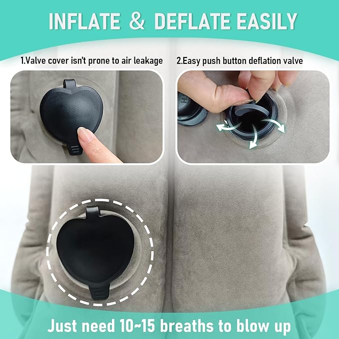 Inflatable Travel Pillow for Airplanes, Airplane Pillow for Supports Neck, Used for Planes, Trains, Cars, Includes Storage Bag, Eye Mask & Earplugs (Grey)