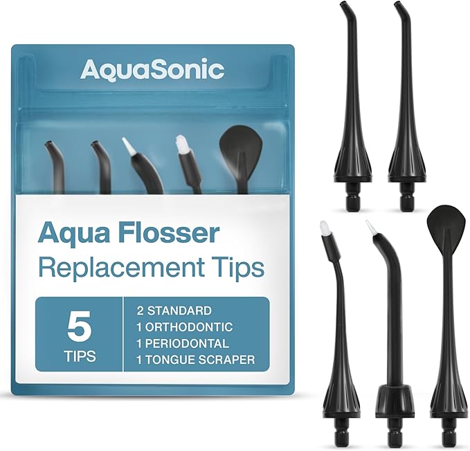 AquaSonic Aqua Flosser Replacement Tips - 5 Tips, 4 Types: Standard, Periodontal, Orthodontic & Tongue Scraper - Genuine, Authentic Parts (Black)