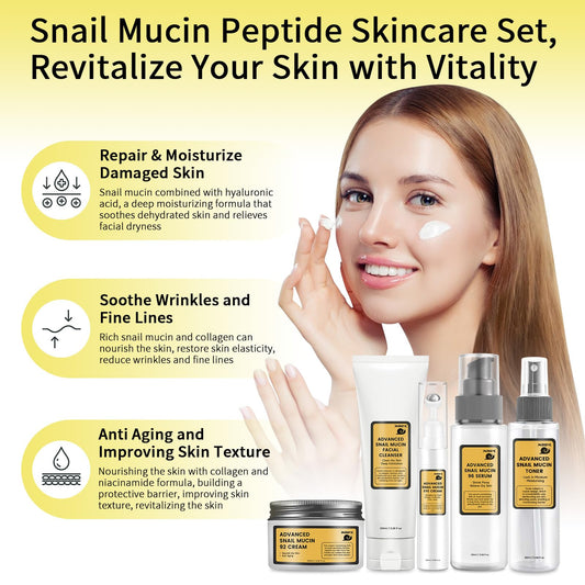 Advanced Snail Mucin Skincare Set For Teen Girl, Anti Wrinkle & Repair Face Skin Care Gift Set With Face Wash, Toner, Serum, Face Cream, Eye Cream, 5PCS Peptides Snail Mucin Kit Travel Size For Women.