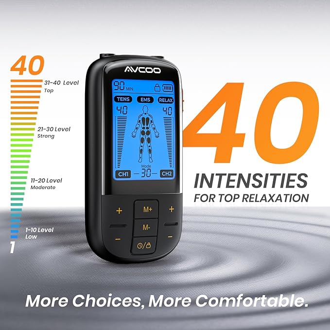 3-in-1 TENS Unit Muscle Stimulator with 30 Modes, 40 Intensities TENS Machine for Gradual Back Pain Relief Therapy, Rechargeable EMS Unit Massager with 12 TENS Electrode Pads, a Storage Bag