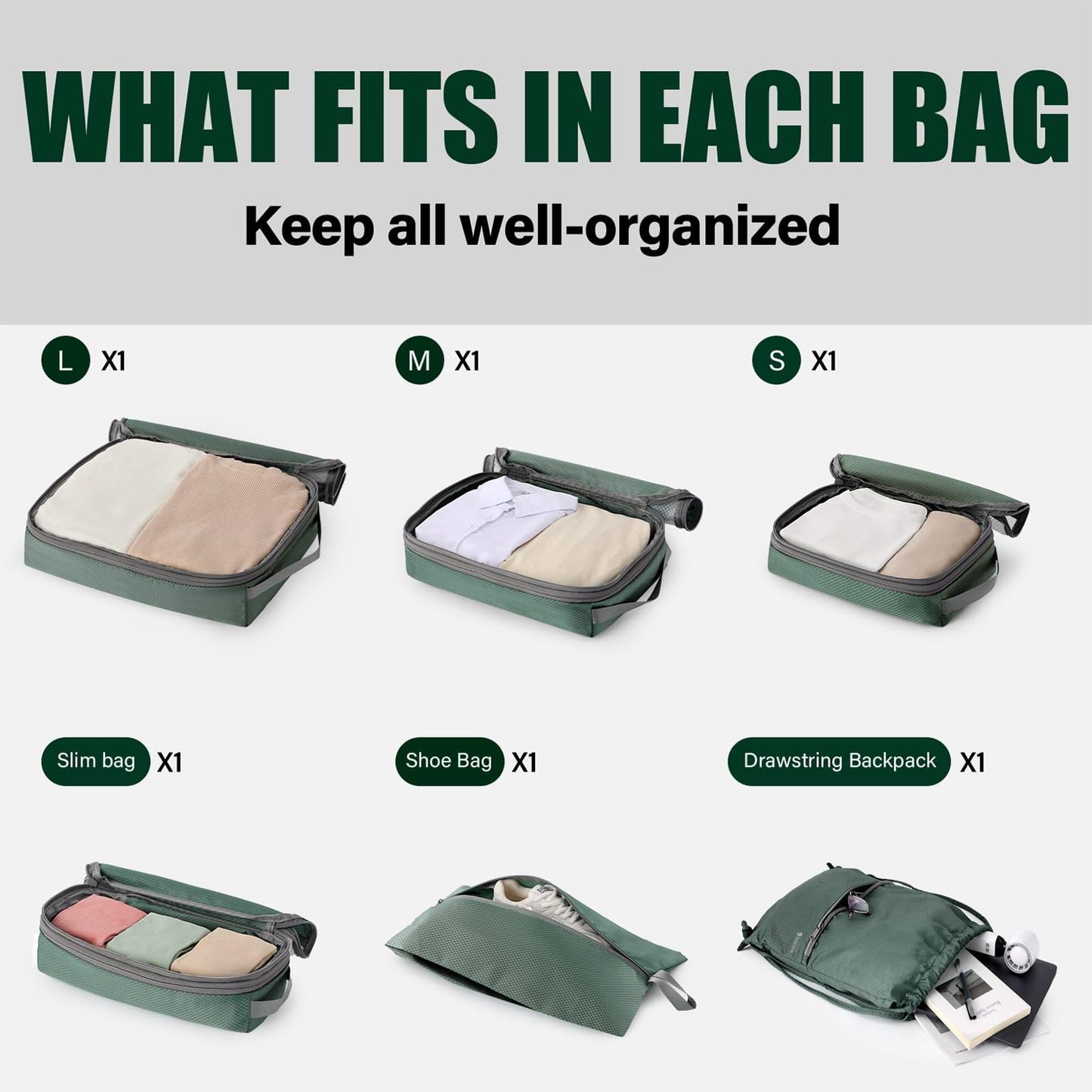 Kookoomia 6 Set Compression Packing Cubes for Travel, Bonus Versatile Drawstring Backpack, Lightweight Luggage Organizer Bags, Sturdy Travel Accessories for Suitcase, Dark Green