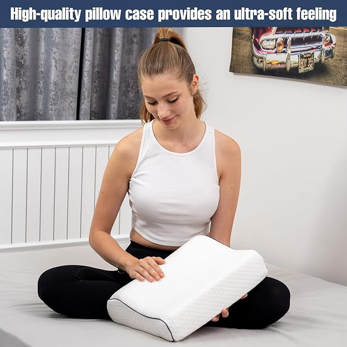 Travel & Camping Comfortable Memory Foam Pillow – Easy to Carry Portable Bag – Temperature Regulating Pillow Case (White Contour)