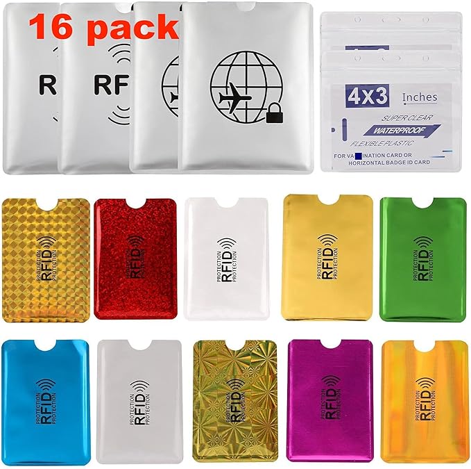 16 RFID Blocking Sleeves Set (10 Credit Card Holders & 4 Passport Protectors) Identity Theft Protection Secure Sleeves Set.Waterproof aluminum foil slim Design easily into your Wallet