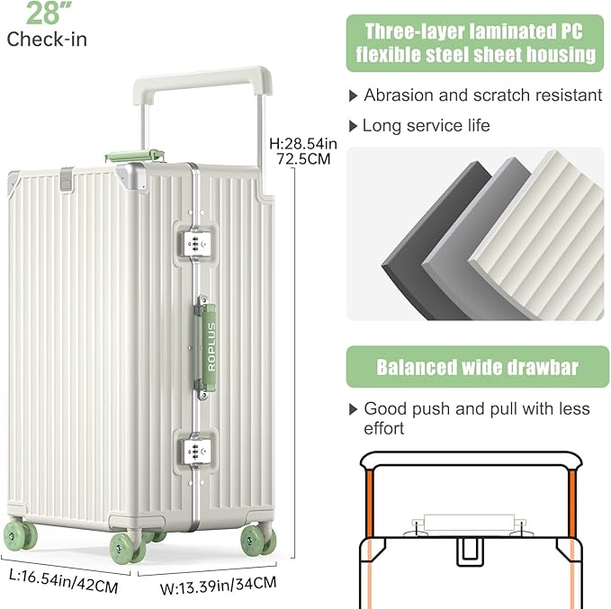 Aluminium Frame Checked-Luggage with Smooth Jelly Wheels, Hardside Zipperless Rolling Suitcase with TSA Lock (White, 28-Inch)