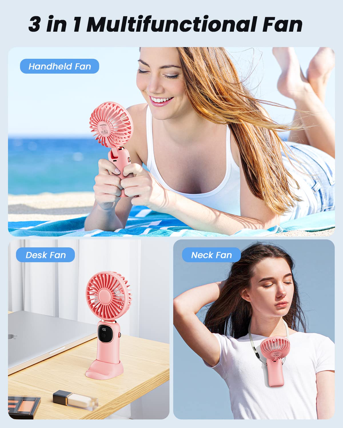 coldSky Portable Handheld Fan, 4000mAh Battery Operated with LED Display, Handheld/Neck/Desk 3 in 1 Personal Small Fan, 90° Foldable Desk Fan with Base, 5 Speed Lash Makeup Fan for Women